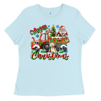 Baby Blue Merry Christmas  tractor Ladies Tee - CowhideDigitalArt
