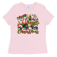 Bubblegum Pink Merry Christmas  tractor Ladies Tee - CowhideDigitalArt