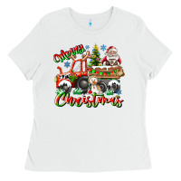 White Merry Christmas  tractor Ladies Tee - CowhideDigitalArt