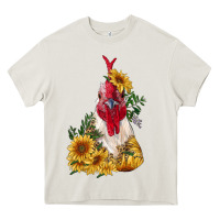 Cream sunflower rooster with leopard Heavy Core Tee - RanaPortraitStore