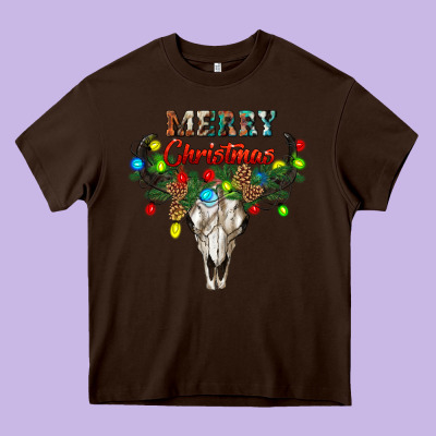 Merry Christmas Bull Skull Heavy Core Tee Designed By Ranaportraitstore
