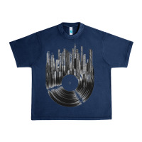 Navy vinyl record cityscape Urban Heavy Tee - linhVisuals