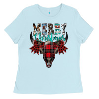 Baby Blue merry christmas bull skull Ladies Tee - CowhideDigitalArt