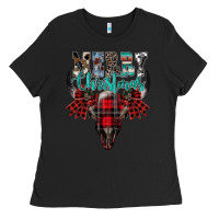 Black merry christmas bull skull Ladies Tee - CowhideDigitalArt