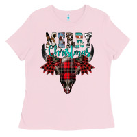 Bubblegum Pink merry christmas bull skull Ladies Tee - CowhideDigitalArt