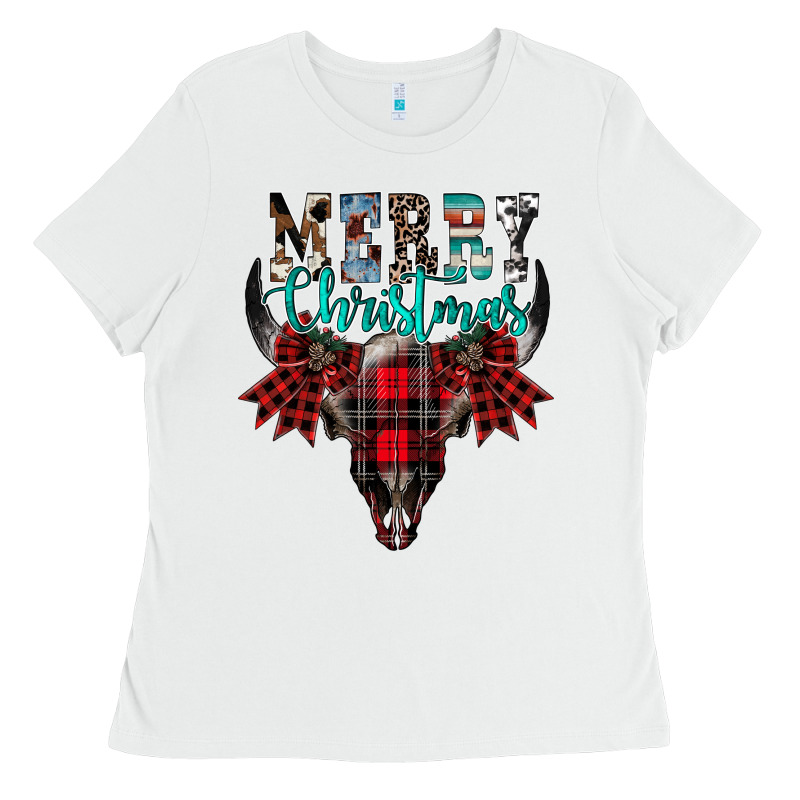 Merry Christmas Bull Skull Ladies Tee by CowhideDigitalArt | Teevron