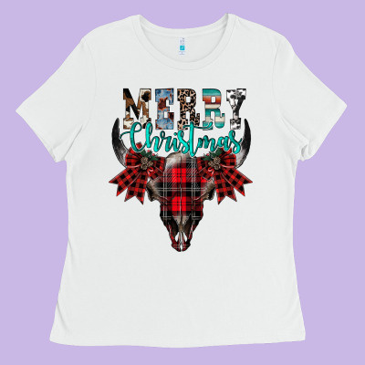 Merry Christmas Bull Skull Ladies Tee Designed By Cowhidedigitalart