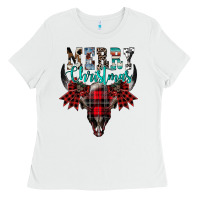 White merry christmas bull skull Ladies Tee - CowhideDigitalArt