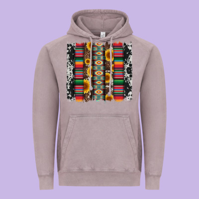 Cowhıde Aztec Serape Wıth Leopard And Sunflowers Brushstroke Vintage Hoodie Designed By Artiststas