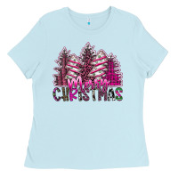 Baby Blue Merry Christmas pink  trees Ladies Tee - CowhideDigitalArt