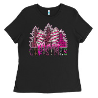 Black Merry Christmas pink  trees Ladies Tee - CowhideDigitalArt