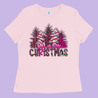 Merry Christmas Pink  Trees Ladies Tee Designed By Cowhidedigitalart