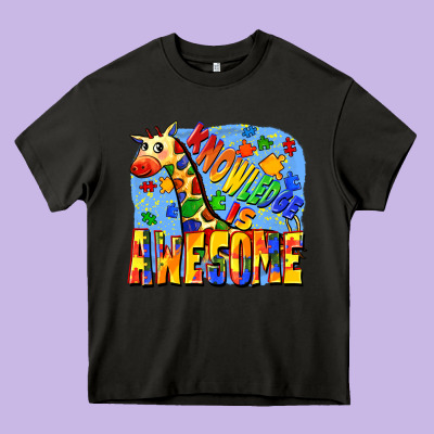 Knowledge Is Awesome Autism Giraffe Heavy Core Tee Designed By Fadigitalartstudio