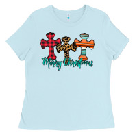 Baby Blue merry Christmas cross Ladies Tee - CowhideDigitalArt