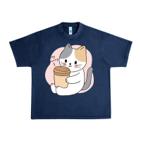 Navy Cat Drinking Coffee Kitten Kawaii Japanese Kitty Urban Heavy Tee - linhVisuals