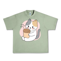 Oil Green Cat Drinking Coffee Kitten Kawaii Japanese Kitty Urban Heavy Tee - linhVisuals