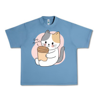 Pebble Blue Cat Drinking Coffee Kitten Kawaii Japanese Kitty Urban Heavy Tee - linhVisuals