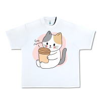 White Cat Drinking Coffee Kitten Kawaii Japanese Kitty Urban Heavy Tee - linhVisuals