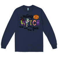 Navy Resting Witch Face Long Sleeve Tee - CowhideDigitalArt