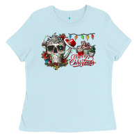 Baby Blue Merry Christmas  skull Ladies Tee - CowhideDigitalArt