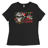 Black Merry Christmas  skull Ladies Tee - CowhideDigitalArt