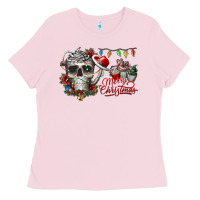 Bubblegum Pink Merry Christmas  skull Ladies Tee - CowhideDigitalArt