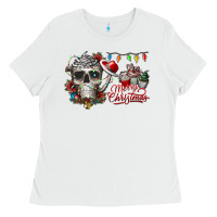 White Merry Christmas  skull Ladies Tee - CowhideDigitalArt