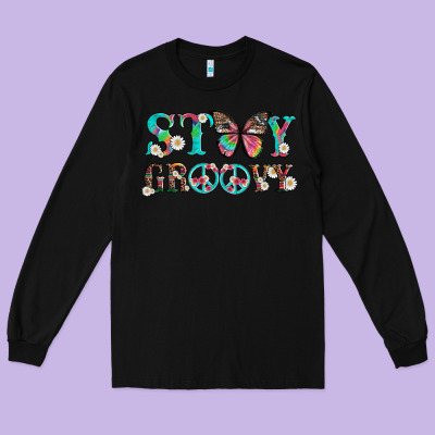 Stay Groovy With Butterfly Peace Sign And Flowers Long Sleeve Tee Designed By Artiststas