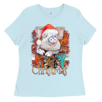 Baby Blue merry Christmas pig Ladies Tee - CowhideDigitalArt