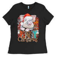 Black merry Christmas pig Ladies Tee - CowhideDigitalArt