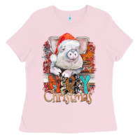 Bubblegum Pink merry Christmas pig Ladies Tee - CowhideDigitalArt