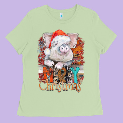 Merry Christmas Pig Ladies Tee Designed By Cowhidedigitalart