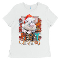White merry Christmas pig Ladies Tee - CowhideDigitalArt