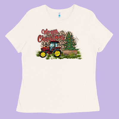 Merry Christmas Tractor Tree Ladies Tee Designed By Cowhidedigitalart