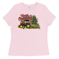 Bubblegum Pink merry Christmas tractor tree Ladies Tee - CowhideDigitalArt