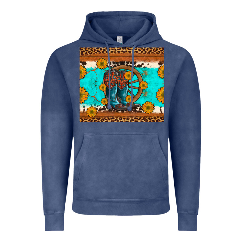 Cowboy Boots And Sunflowers Turquoise Leopard Background Vintage Hoodie by Artiststas | Teevron