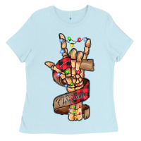 Baby Blue merry christmas skeleton hand Ladies Tee - CowhideDigitalArt
