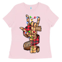 Bubblegum Pink merry christmas skeleton hand Ladies Tee - CowhideDigitalArt
