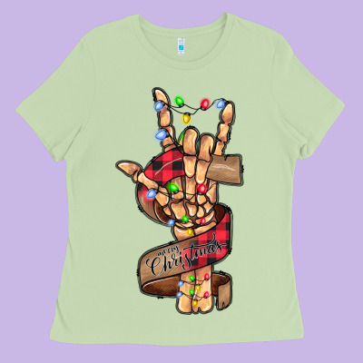 Merry Christmas Skeleton Hand Ladies Tee Designed By Cowhidedigitalart