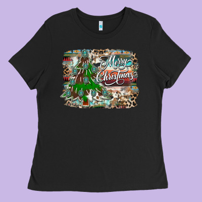 Merry Christmas Tree Western Ladies Tee Designed By Cowhidedigitalart
