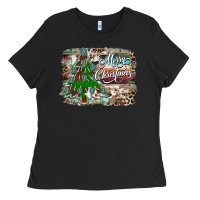 Black merry Christmas tree western Ladies Tee - CowhideDigitalArt