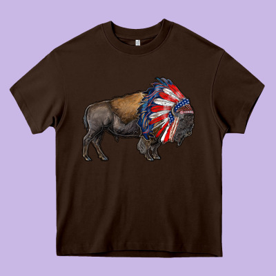 American Bison With Indian Headdress Heavy Core Tee Designed By Ranaportraitstore