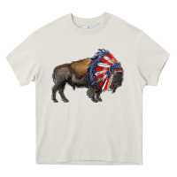 Cream american bison with indian headdress Heavy Core Tee - RanaPortraitStore