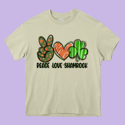 Peace Love Shamrock Heavy Core Tee Designed By Fadigitalartstudio