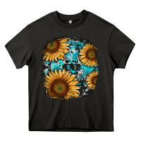 Asphalt sunflower cowhide and turquoise patches Heavy Core Tee - RanaPortraitStore