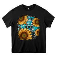 Black sunflower cowhide and turquoise patches Heavy Core Tee - RanaPortraitStore