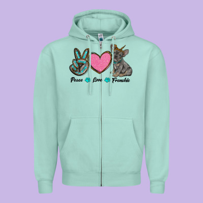 Peace Love Frenchie Zipper Hoodie Designed By Ranaportraitstore