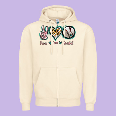 Peace Love Baseball Zipper Hoodie Designed By Jasminsmagicworld