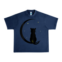 Navy womens double moon cat Urban Heavy Tee - linhVisuals