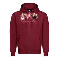 Burgundy Peace Love Pugs Zipper Hoodie - Jasminsmagicworld